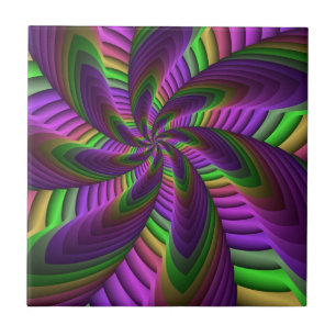 Groovy Energetic Colorful Neon Fractal Pattern Ceramic Tile