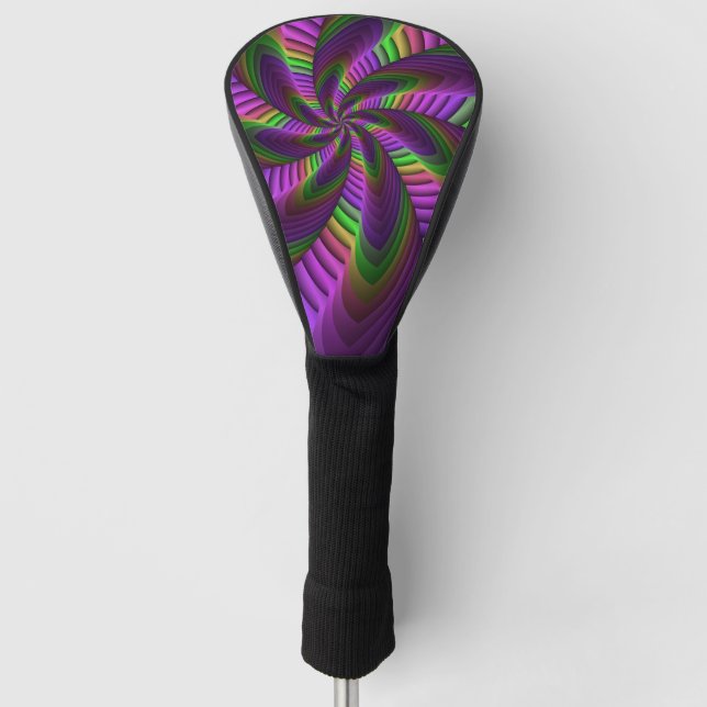 Groovy Energetic Colorful Neon Fractal Pattern Golf Head Cover (Front)