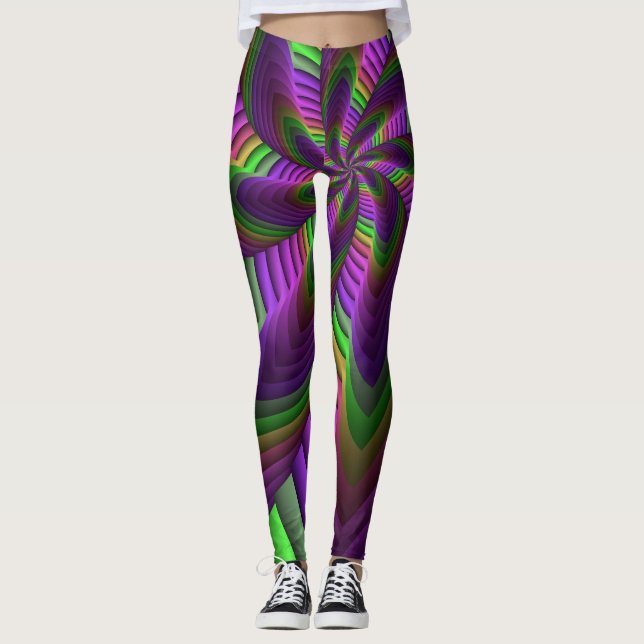 Groovy Energetic Colorful Neon Fractal Pattern Leggings (Front)