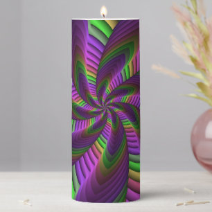 Groovy Energetic Colorful Neon Fractal Pattern Pillar Candle