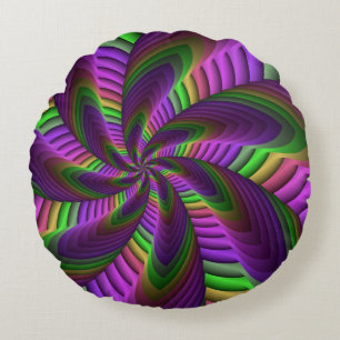 Groovy Energetic Colorful Neon Fractal Pattern Round Pillow