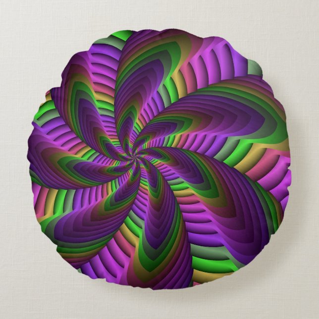 Groovy Energetic Colorful Neon Fractal Pattern Round Pillow (Front)