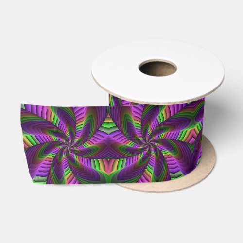 Groovy Energetic Colorful Neon Fractal Pattern Satin Ribbon