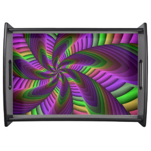 Groovy Energetic Colorful Neon Fractal Pattern Serving Tray