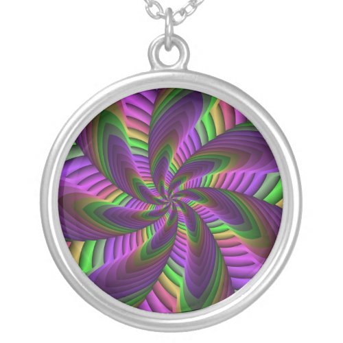 Groovy Energetic Colorful Neon Fractal Pattern Silver Plated Necklace