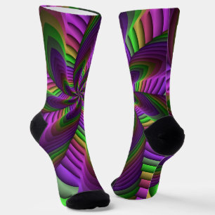 Groovy Energetic Colorful Neon Fractal Pattern Socks