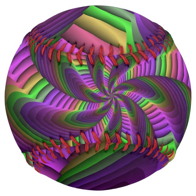 Groovy Energetic Colorful Neon Fractal Pattern Softball (Front)