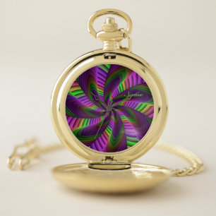 Groovy Energetic Neon Colors Fractal Pattern Name Pocket Watch