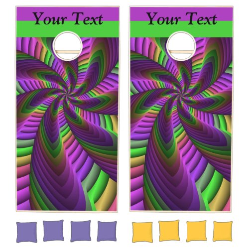 Groovy Energetic Neon Colors Fractal Pattern Text Cornhole Set