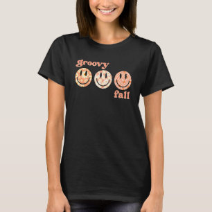 Groovy Fall Happy Face Retro Autumn Flower Checker T-Shirt