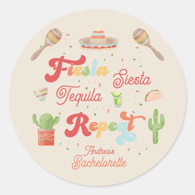 Groovy Fiesta Siesta Tequila Repeat Bachelorette Classic Round Sticker (Front)