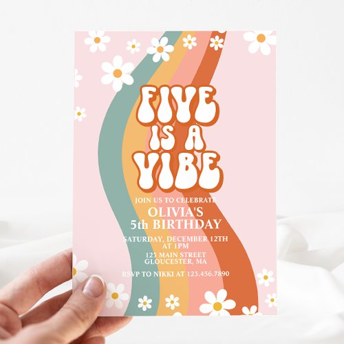 Groovy Five is a Vibe daisy rainbow 5th birthday I Invitation