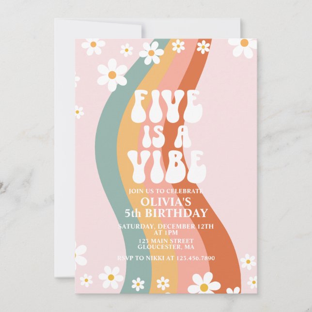 Groovy Five is a Vibe daisy rainbow 5th birthday Invitation (Front)