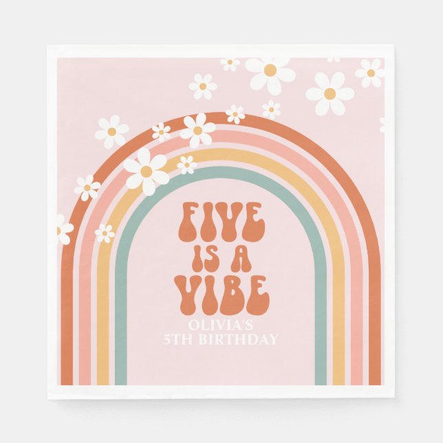Groovy Five is a vibe daisy rainbow 5th birthday Napkins (Front)