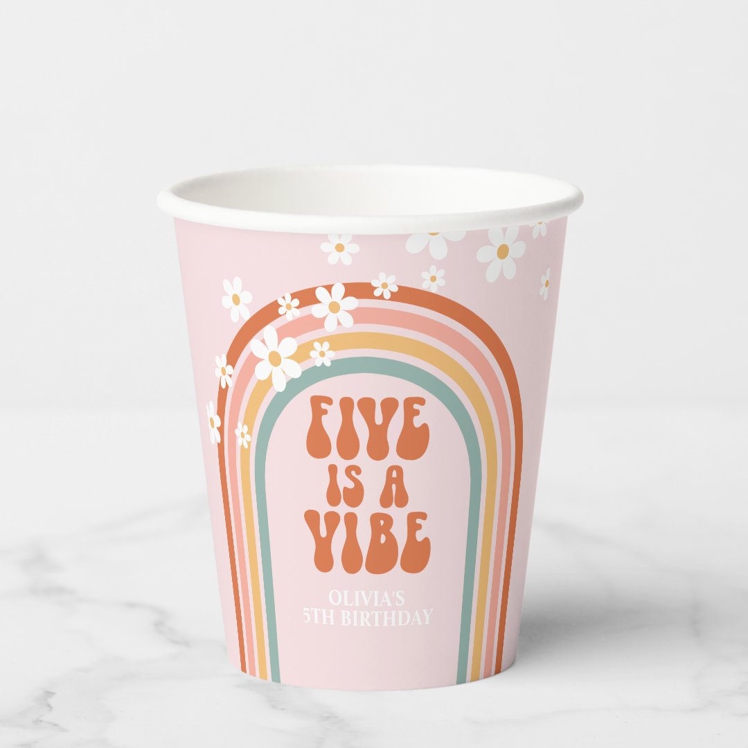 Groovy Five is a vibe daisy rainbow 5th birthday Paper Cups | Zazzle