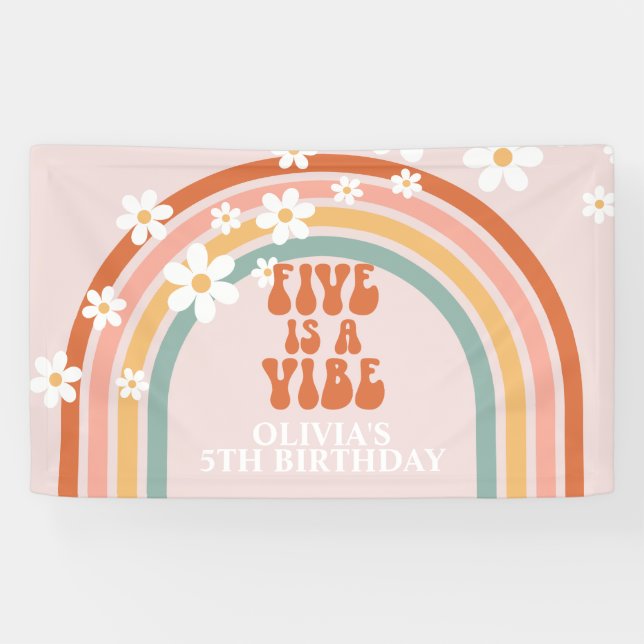 Groovy Five is a Vibe Rainbow Daisy Birthday Banner (Horizontal)
