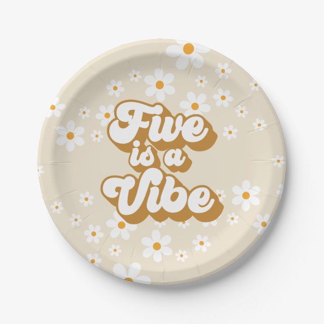 Groovy Five is a Vibe Retro Daisy 5th Birthday Paper Plates (Front)