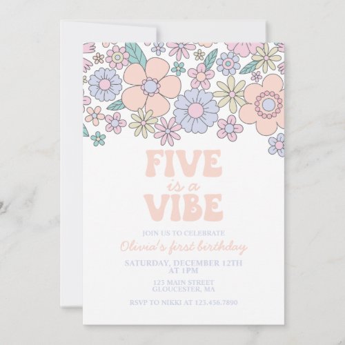 Groovy Five is a Vibe Retro Floral 5th birthday Invitation