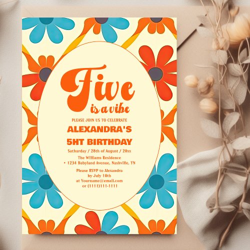 Groovy Five is a vibe Retro Floral 5th Birthday Invitation