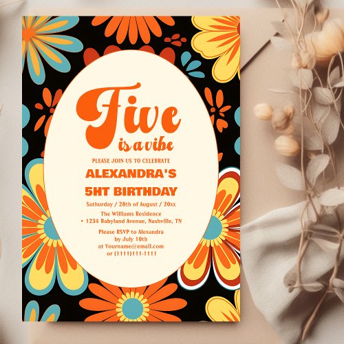 Groovy Five is a vibe Retro Floral 5th Birthday Invitation