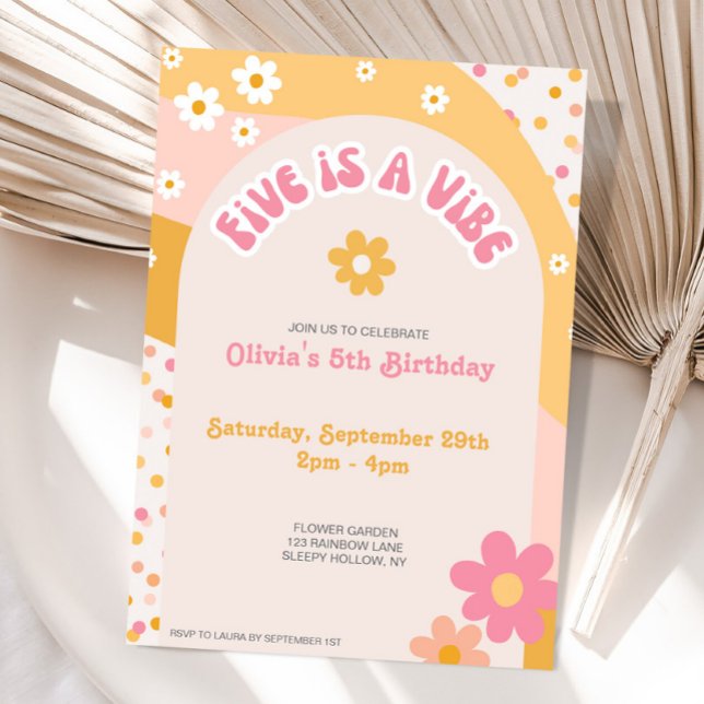 Groovy Five Is A Vibe Retro Rainbow Daisy 5th Invitation (Creator Uploaded)