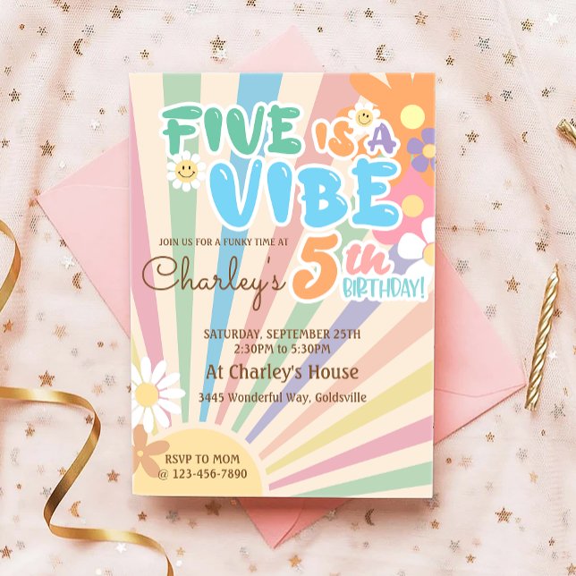 Groovy Five is a Vibe Retro Sunshine 5th Birthday Invitation (Creator Uploaded)