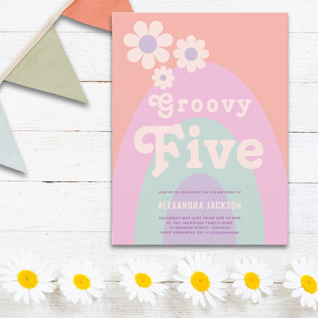 Groovy Five Retro Daisy Arch Birthday Party Invitation Postcard (Groovy five retro daisy arch pastel 5th birthday party invitation postcard)