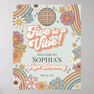 Groovy Floral 5th Birthday Retro Welcome Sign