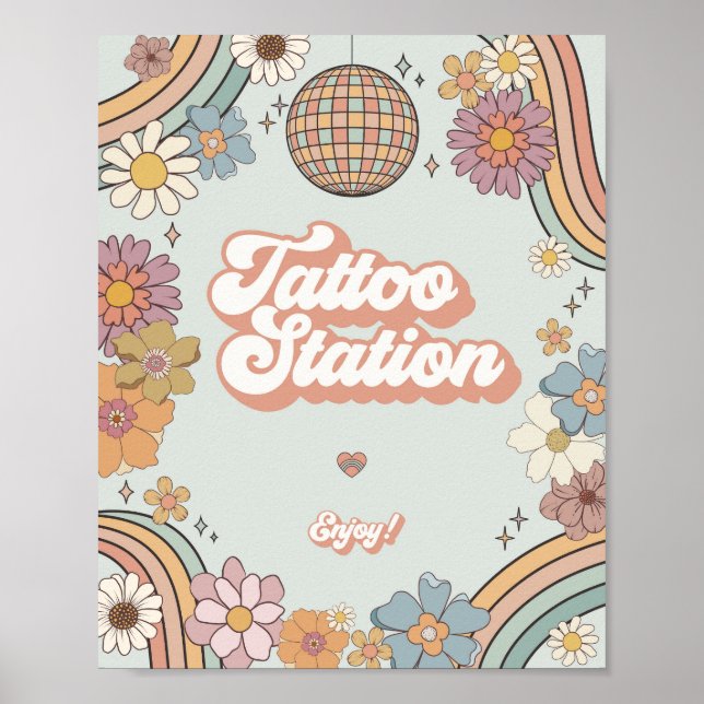groovy floral 70s retro tattoo station favor sign (Front)