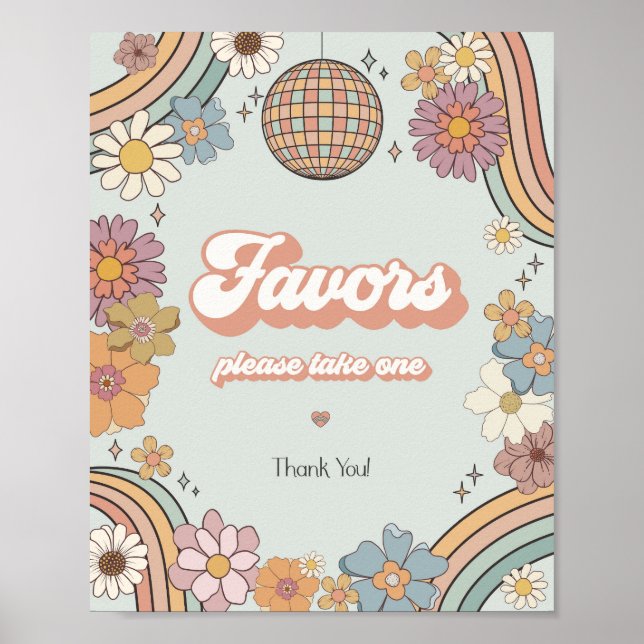 groovy floral 70s theme retro favors party sign (Front)