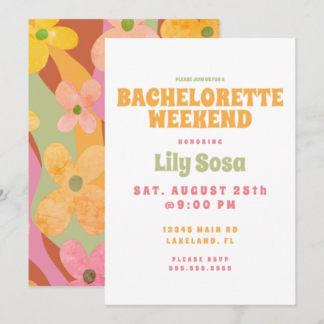 Groovy Floral 80s Retro Bachelorette Weekend Invitation (Front/Back)