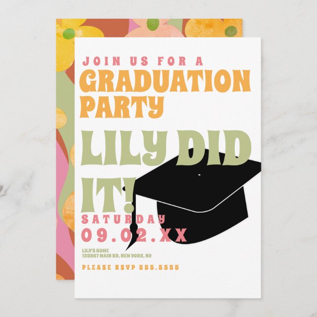 Groovy Floral 80s Retro Vintage Graduation Invitation (Front/Back)