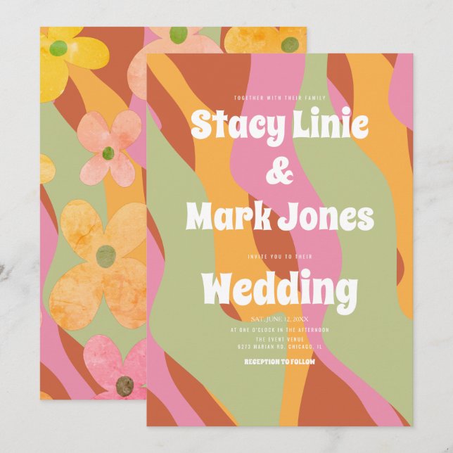 Groovy Floral 80s Vintage Wedding Invitation (Front/Back)