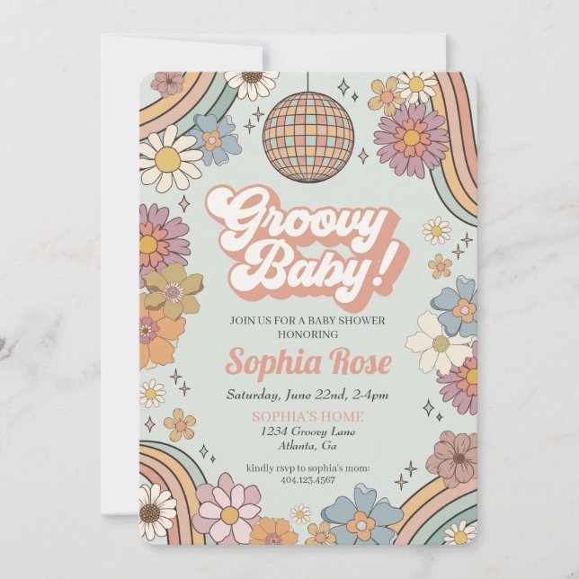 Groovy Floral Baby Shower, 70s retro theme invite (Front)