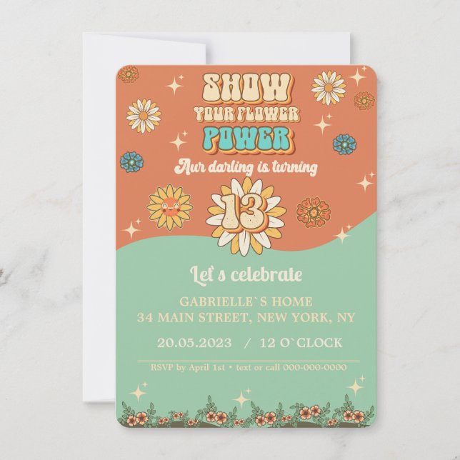 Groovy floral invitation retro for 13th birthday (Front)