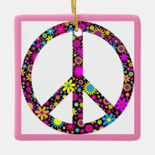 GROOVY FLORAL PEACE SIGN CERAMIC ORNAMENT