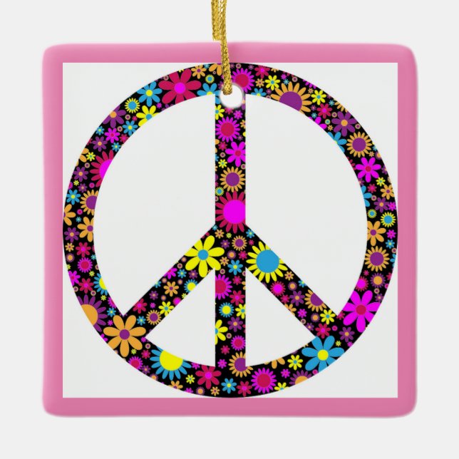 GROOVY FLORAL PEACE SIGN CERAMIC ORNAMENT (Front)