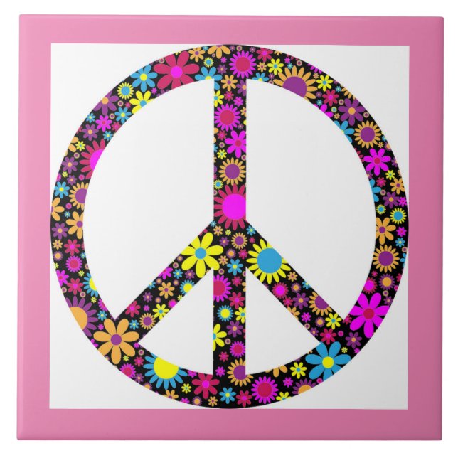 GROOVY FLORAL PEACE SIGN CERAMIC TILE (Front)
