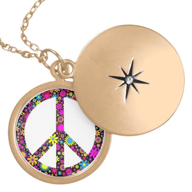 GROOVY FLORAL PEACE SIGN GOLD PLATED NECKLACE (Front)
