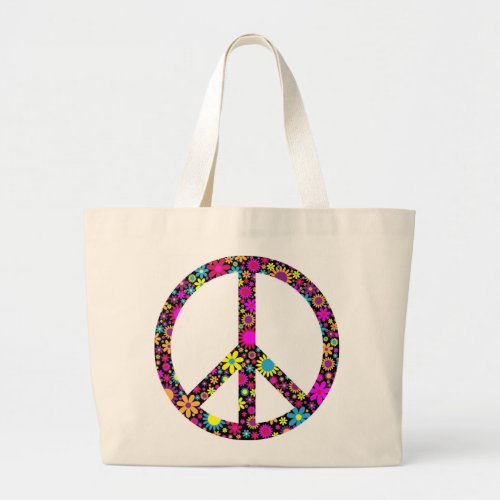 GROOVY FLORAL PEACE SIGN LARGE TOTE BAG