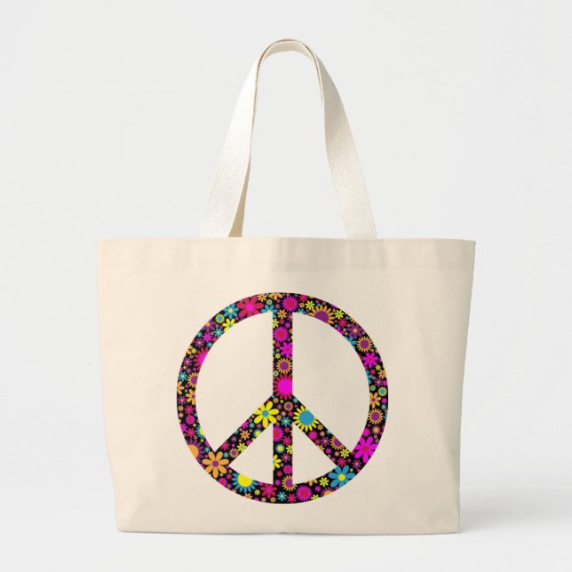 GROOVY FLORAL PEACE SIGN LARGE TOTE BAG (Front)