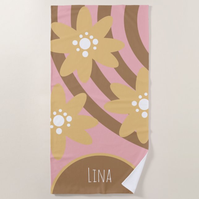 Groovy Florals Yellow Brown Name  Beach Towel (Front)
