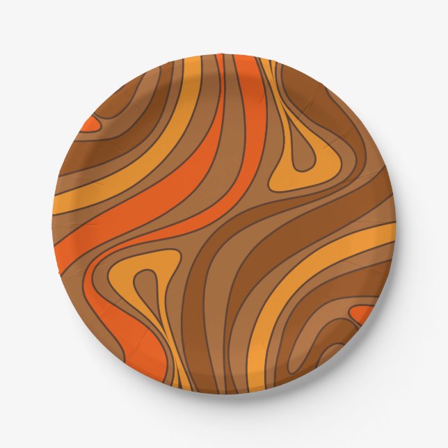 Groovy Flow Retro Abstract 60s 70s Pattern Brown Paper Plates (Front)