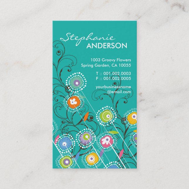 Groovy Flower Garden Whimsical Colorful Floral Business Card (Front)