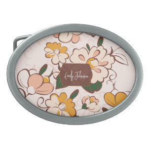 Groovy Flower Power Cream Peach Custom Name Belt Buckle
