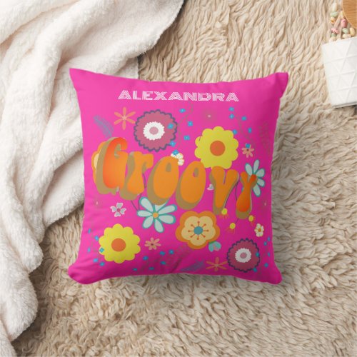 Groovy Flower Power Hot Pink  Throw Pillow