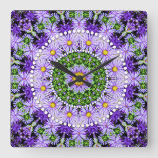 Groovy Flower Power Purple Lilac Green Square Wall Clock