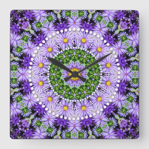 Groovy Flower Power Purple Lilac Green Square Wall Clock