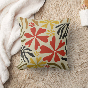 Groovy Flowers and Leaves Red, Yellow, Brown Throw Pillow