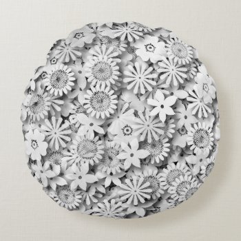 Groovy Flowers Garden Monocrome Round Pillow by ZionMade at Zazzle
